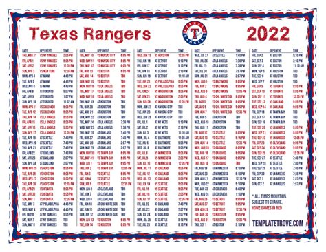 Texas Rangers Printable Schedule